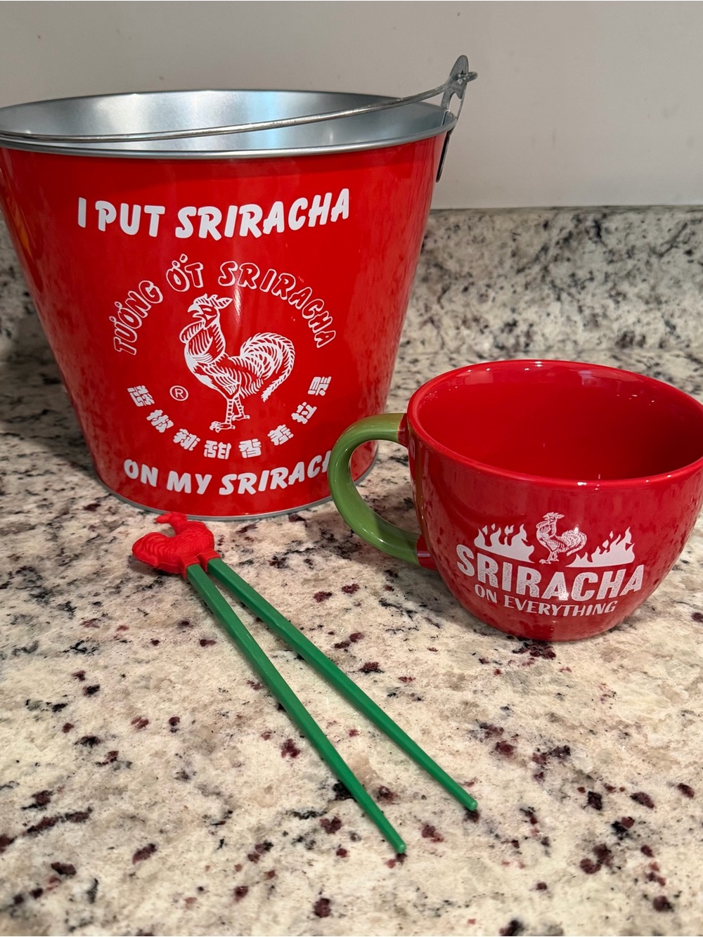 Sriracha Lot: Sriracha Metal Bucket, Sriracha Mug, and Sriracha Chopsticks